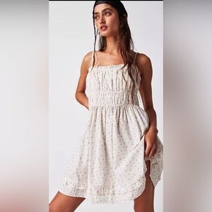 Free People Gabby Mini Dress Babydoll White Cherry Print Smocked Sz S NWOT